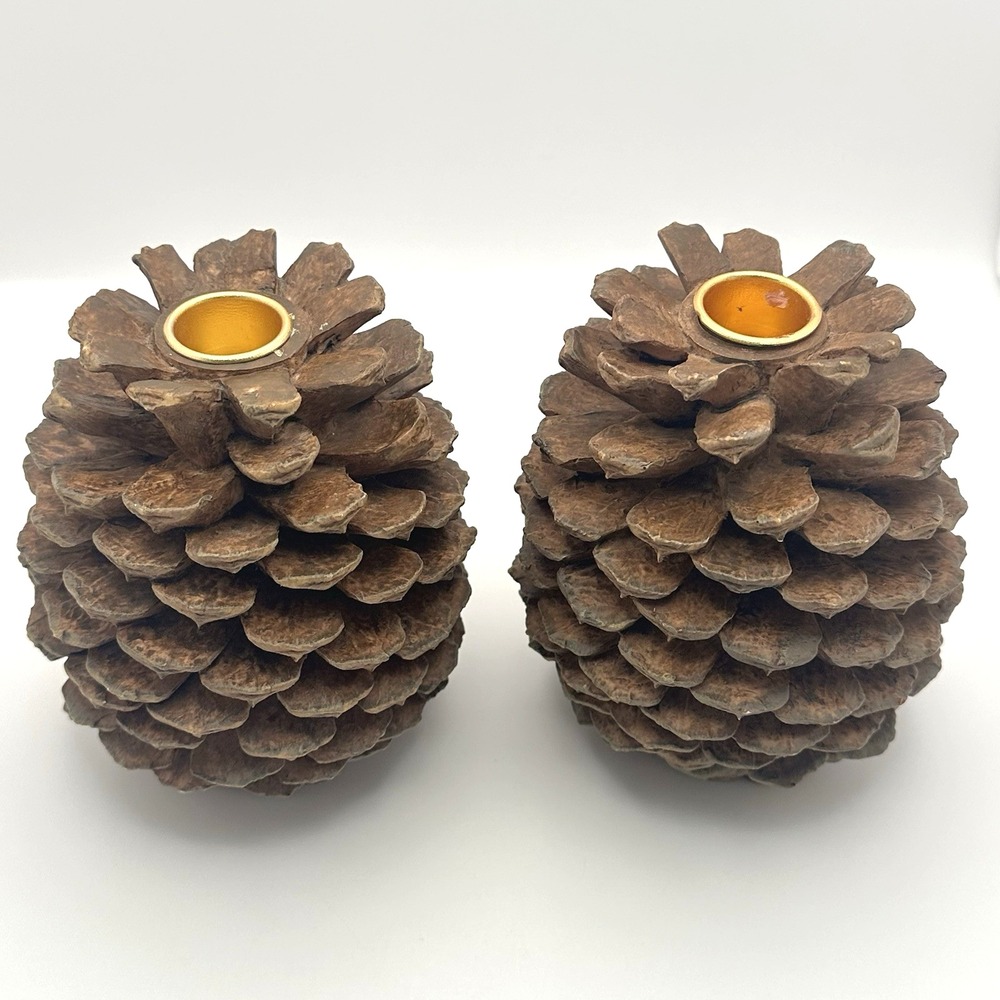 Pair of Resin Pinecone Candle Holders Brown Rustic Cabin Lodge Decor 5"